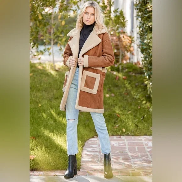 Blank NYC Feels Natural Tan Faux Fur Coat Sherpa Lined - Picture 4 of 9